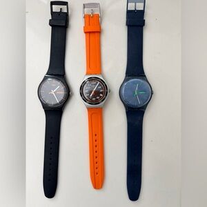 3 Swatch Watches Black, Orange, and Blue